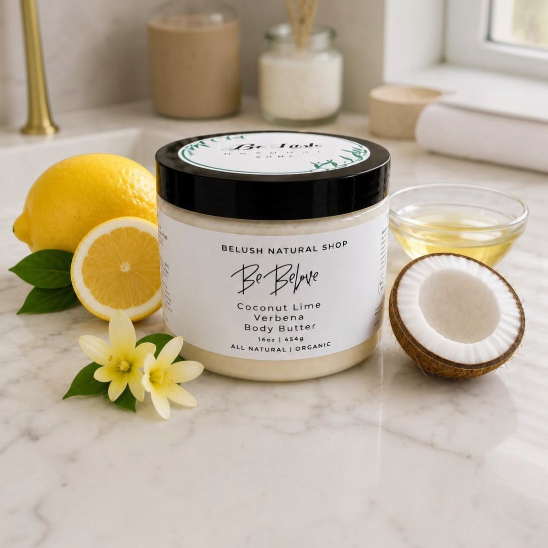BeLush Natural Shop Coconut Lime Verbena Body Butter in a jar, with a creamy texture and fresh citrus and coconut scent.