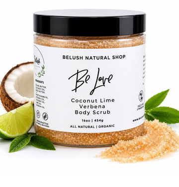 BeLush Natural Shop Coconut Lime Verbena Body Scrub in a jar with textured surface and fresh citrus and coconut scent.