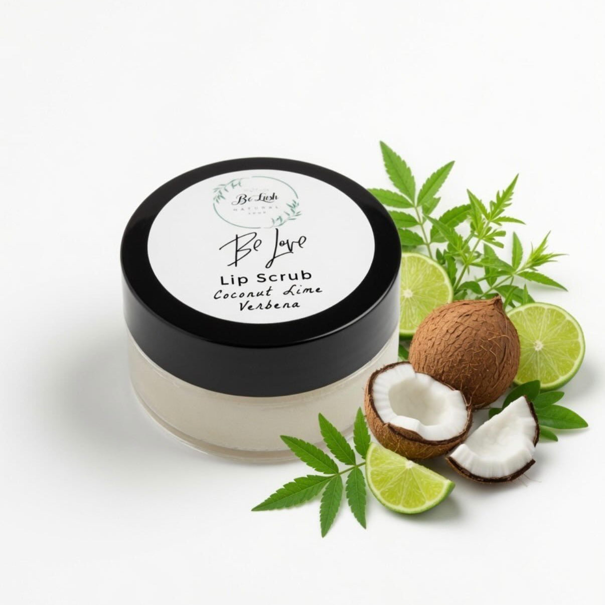 BeLush Natural Shop Coconut Lime Verbena Lip Scrub in a jar, showing textured scrub with citrus and coconut ingredients.