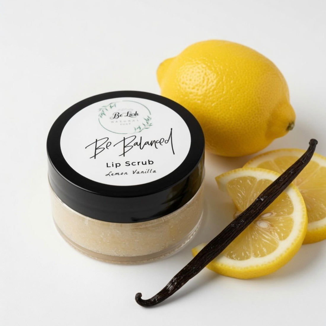 BeLush Natural Shop lemon vanilla lip scrub showing textured scrub with lemon and vanilla ingredients for smooth lips