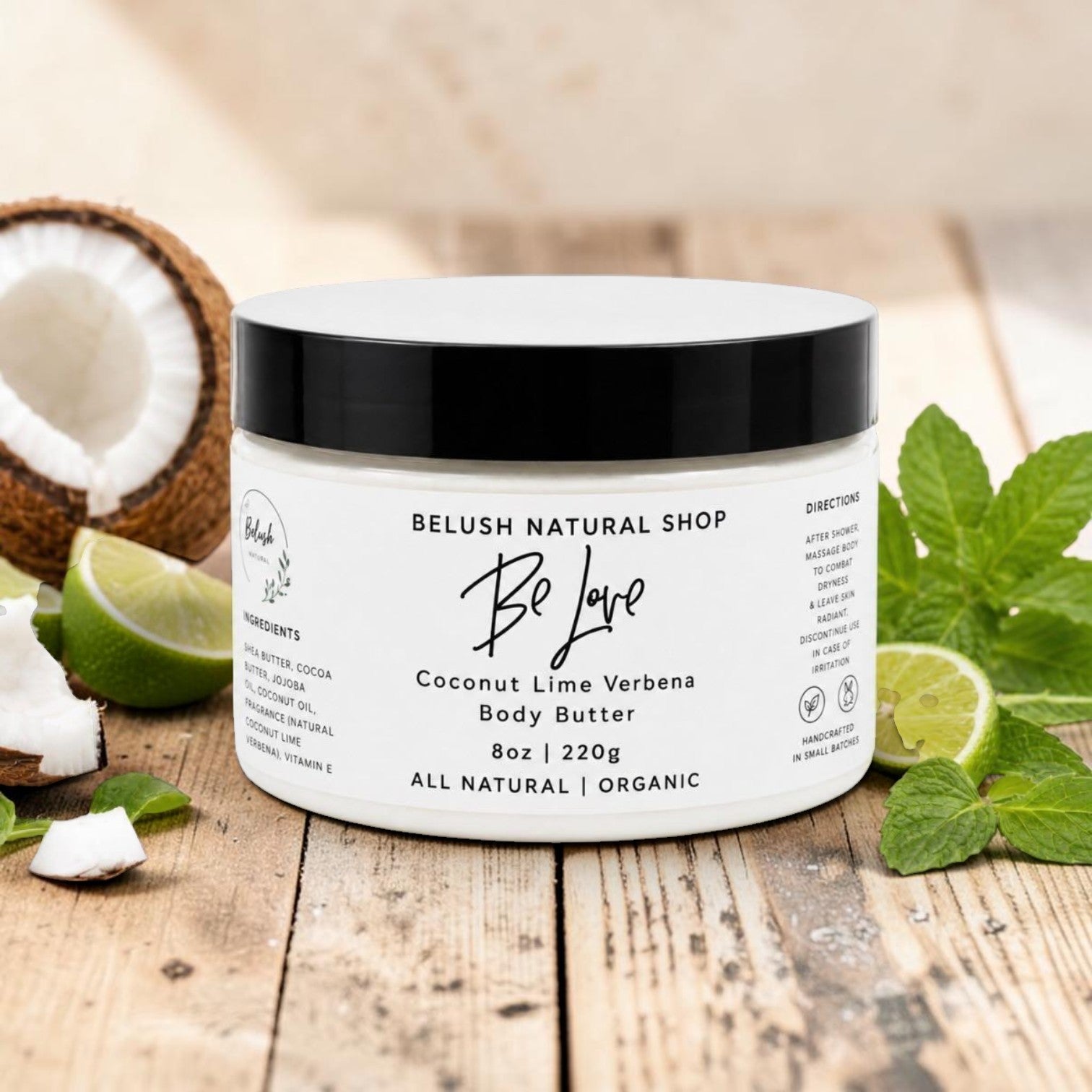 BeLush Natural Shop Coconut Lime Verbena Body Butter in a jar, with a creamy texture and fresh citrus and coconut scent.