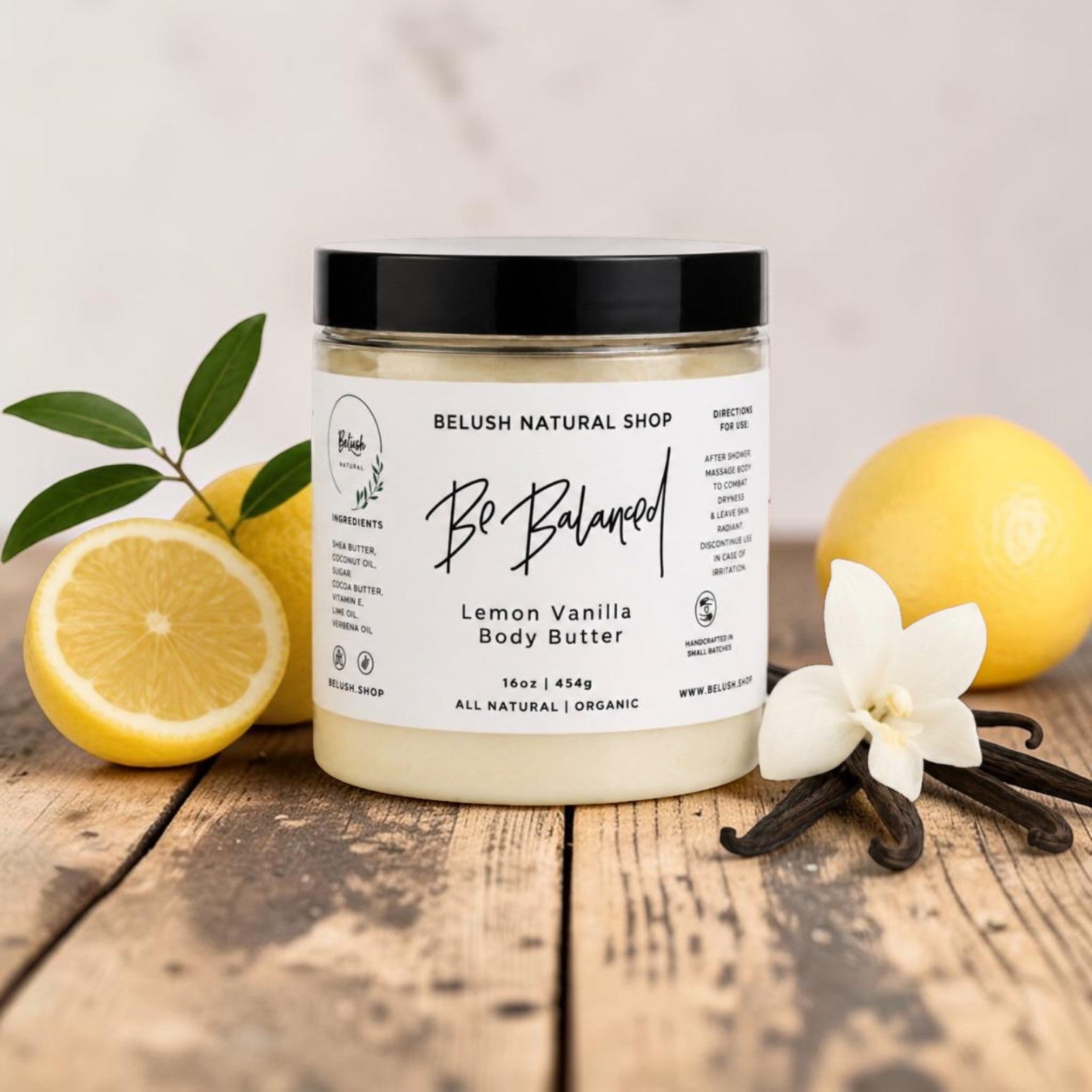 BeLush Natural Shop Lemon Vanilla Body Butter jar with creamy texture and fresh lemon and vanilla scent.